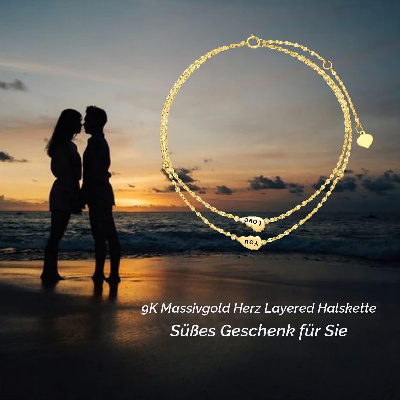 9k Echtgold Herz Fußkette für Damen Frauen, 375/9ct Gold Herz Fußkettchen Schichtfuß Fusskettenchen Schmuck Geschenke für Geburtstag Weihnachten 20/21.5+5 cm