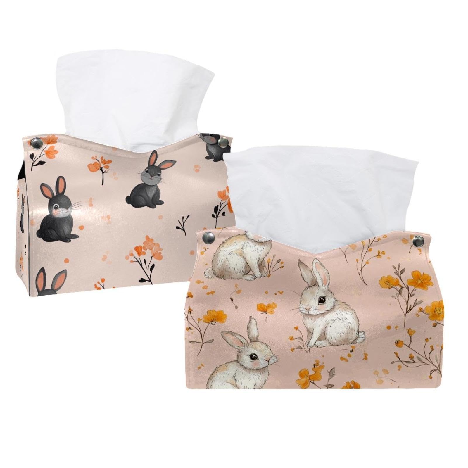Boîte à mouchoirs lapin et fleur orange pour chambre et bureau (Lot de 2)