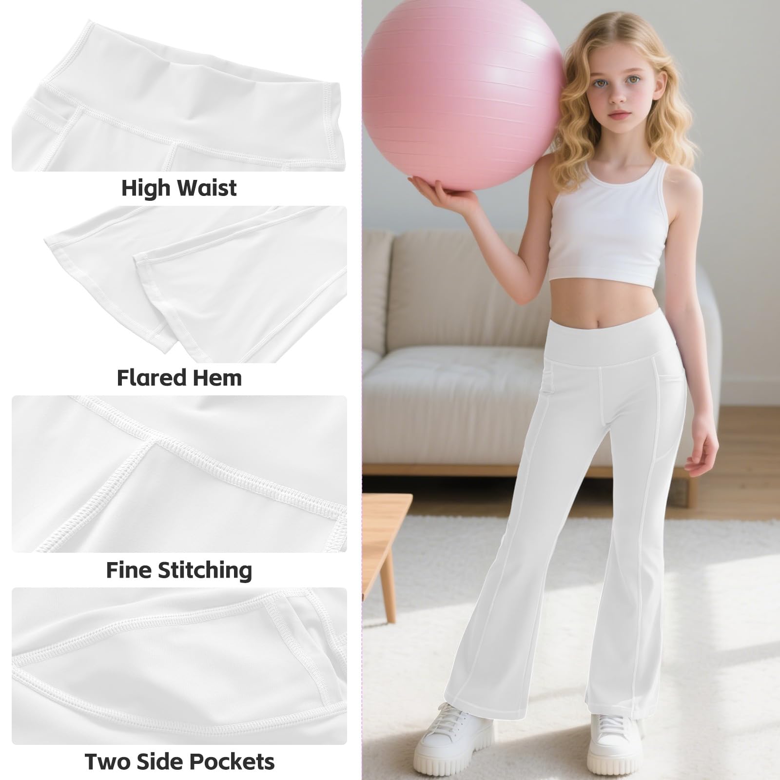 JinBei Leggings Niñas Pantalones Acampanados Cintura Alta Mallas Deportiva Elástica con Bolsillos, 7-15 Años