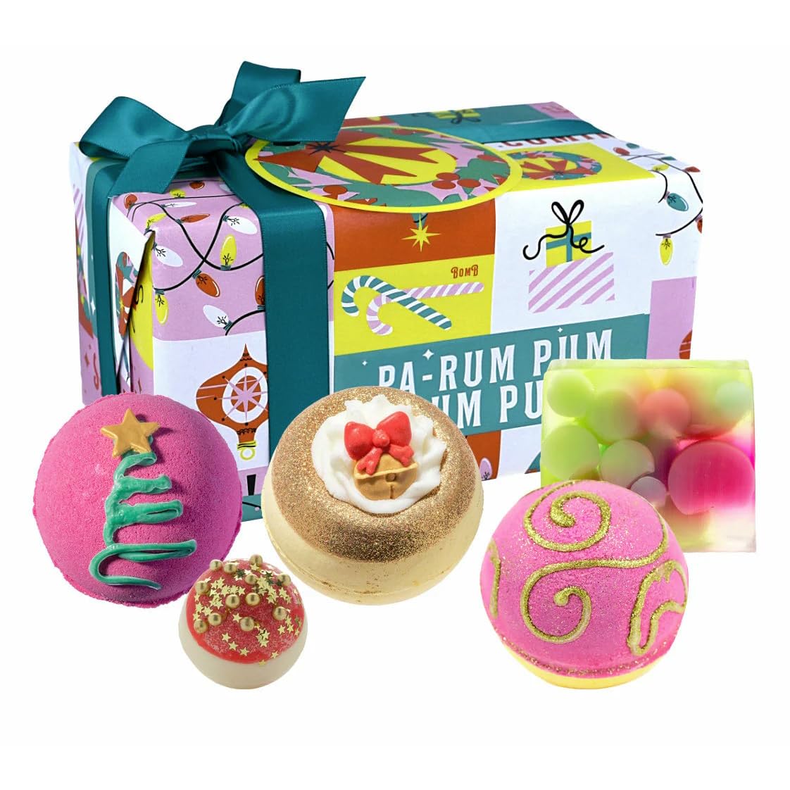 Bomb Cosmetics Jingle Bell Wrap 5 Piece Handmade Wrapped Bath Gift Set with Essential Oils, Includes Bath Bombs, Soap & Bath Creamer