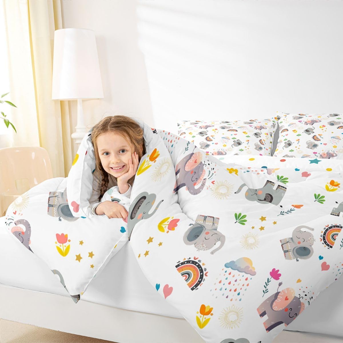 Elephant Down Comforter Queen Size, Kids Cartoon Rainbow Comforter Set, African Safari Animal Bedding Set For Girls Boys Children, Cartoon Flower Floral Duvet Sets Breathable Bedroom Decor, Colorful