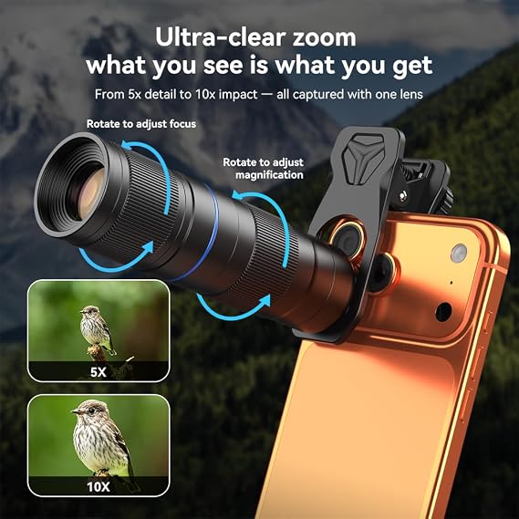 APEXEL 5-10X Zoom Telephoto Lens, Portable Clip-On Telephoto Lens Compatible with iPhone, Samsung & Almost All Smartphones, Pro Photography for Travel, Concert, Exploration