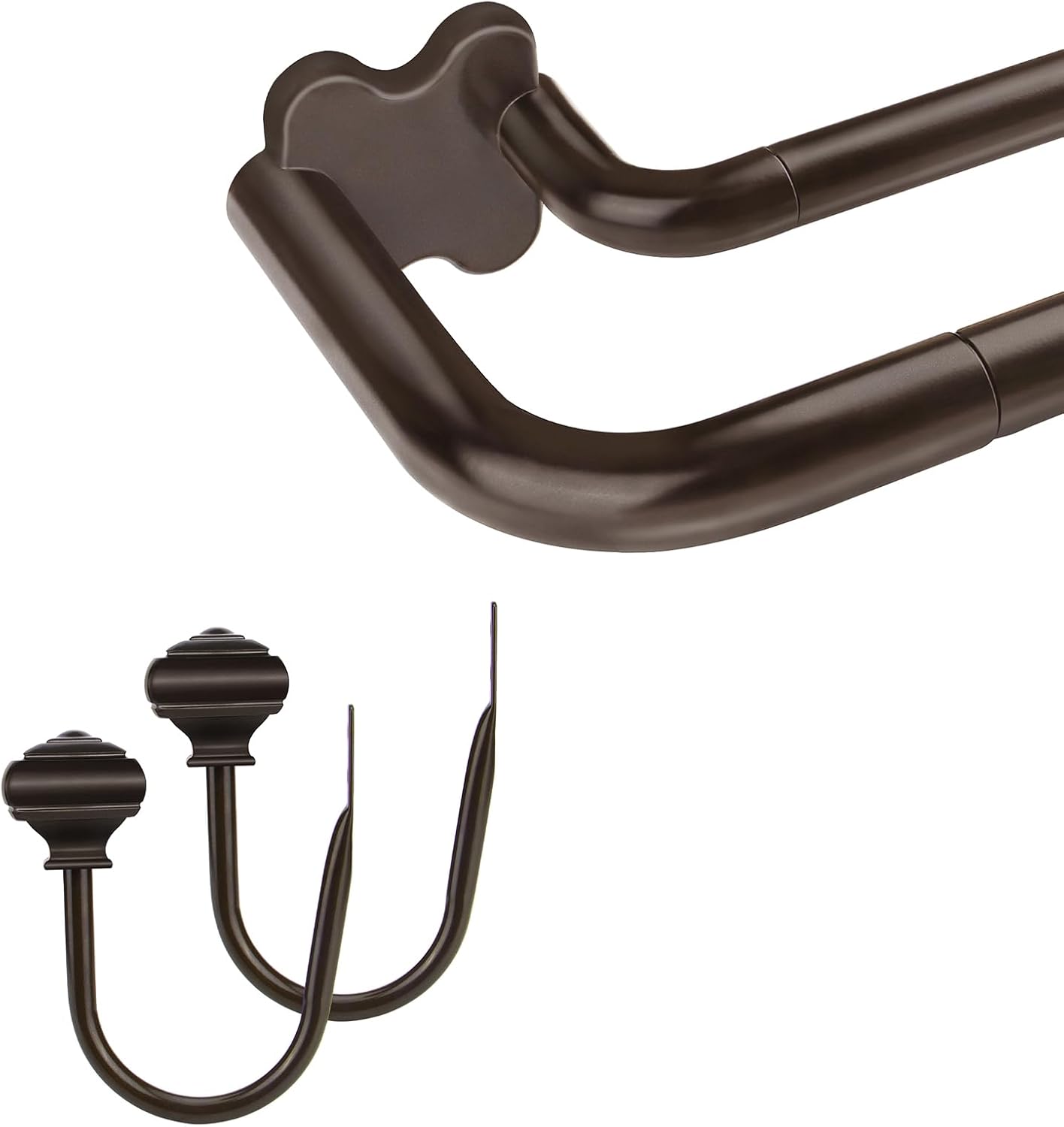 Bronze Wrap Around Double Curtain Rods 32 to 115 and 2 Pack Bronze Curtain Holdbacks with Square Finials(Bundles)