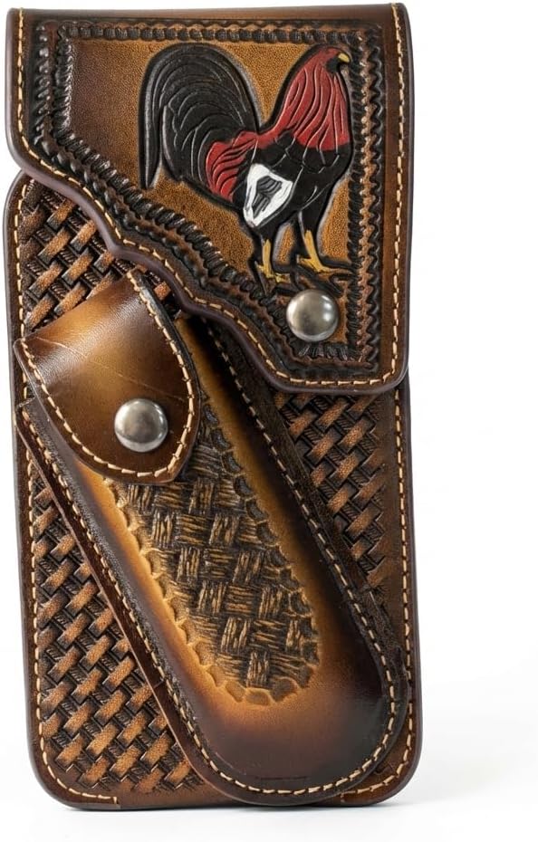 Western Phone Holster with Knife Pouch, Engraved Rooster Basketweave Belt Clip Case for Men (Brown)