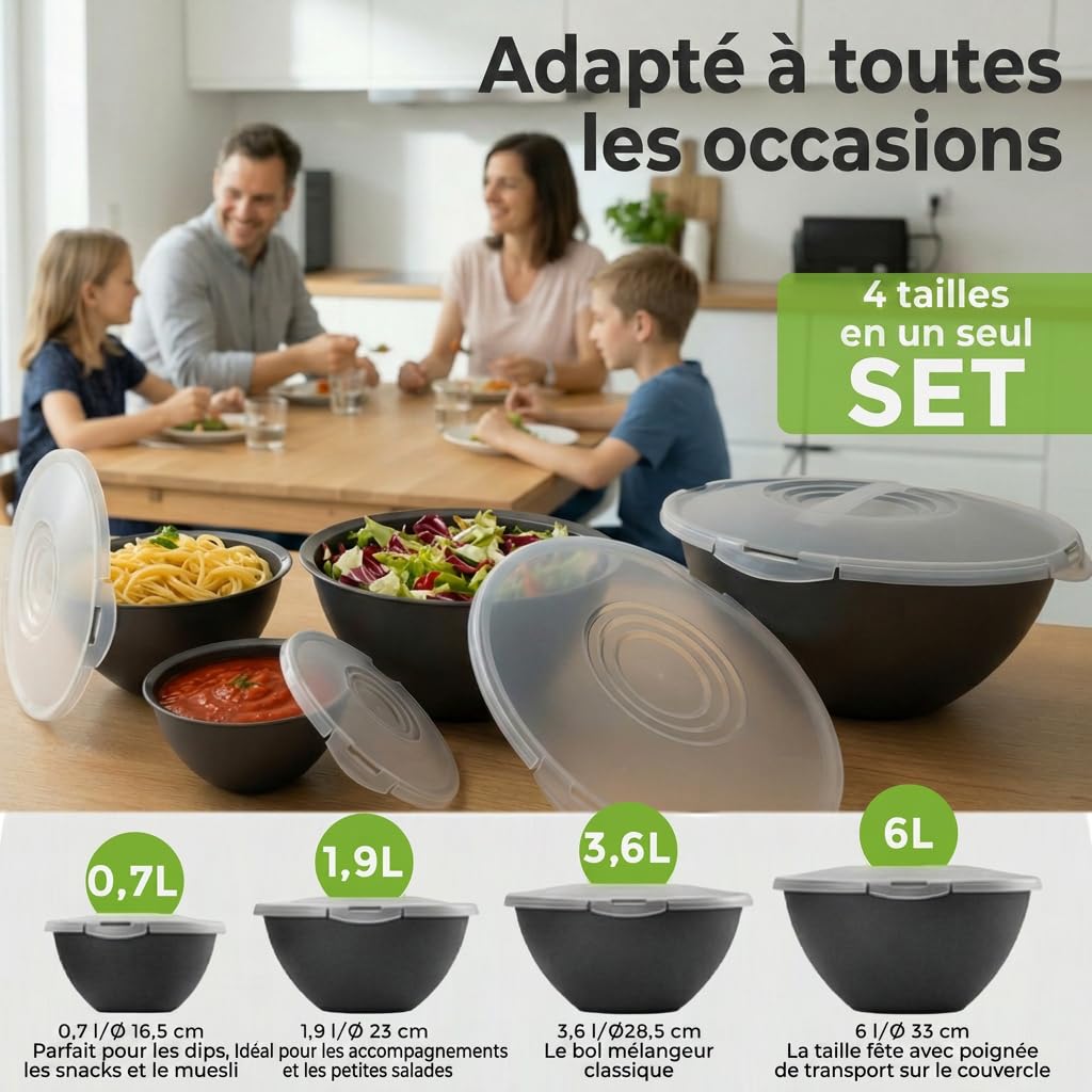 Hausfelder ensemble de saladiers avec couvercles 0,7-6l, set de saladier plastique noir, 4 grand bols sans bpa