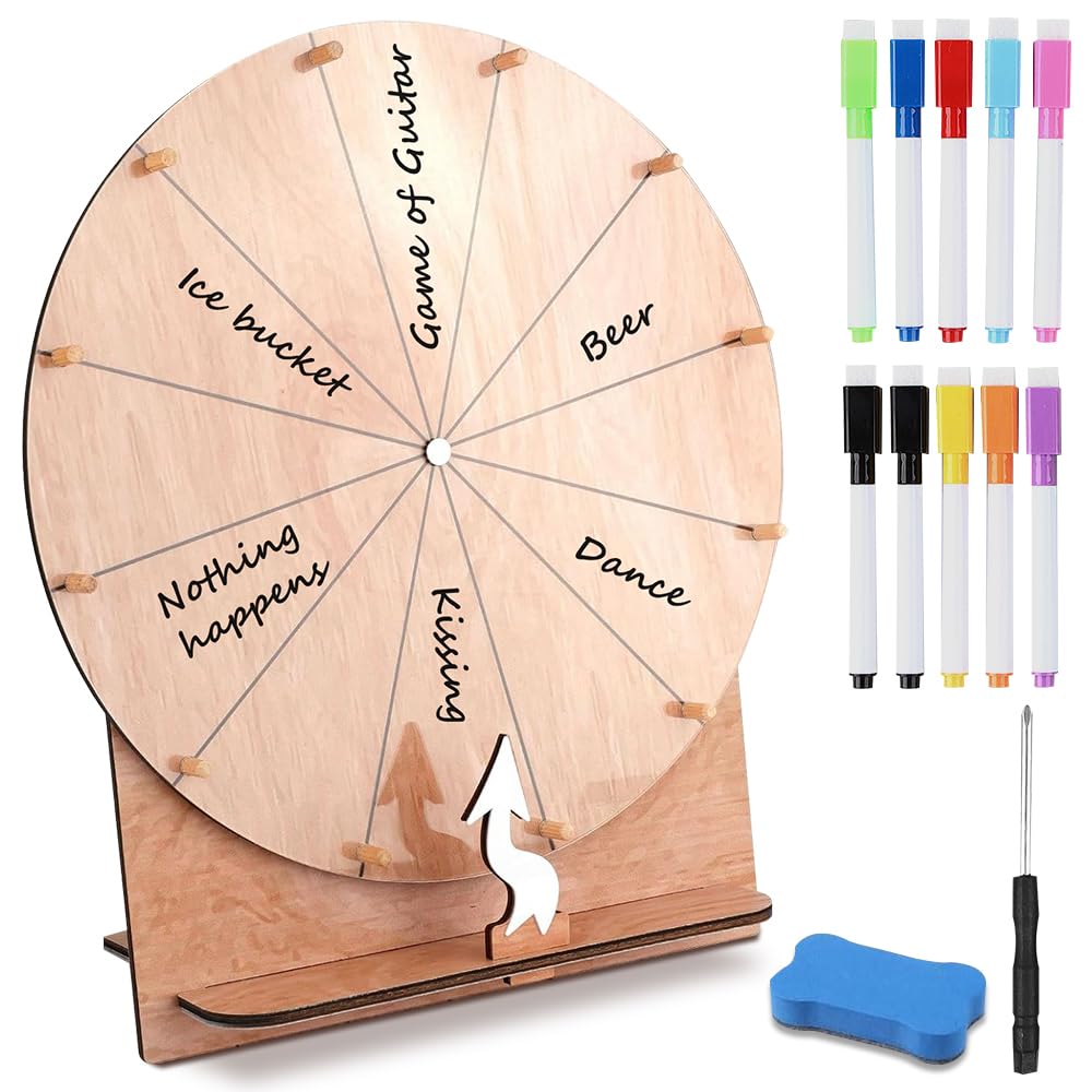 Ruota Della Fortuna Gioco, TGKYK 30cm 12 Slot Ruota dei Premi in Legno con Gomma, Pennarello e Cacciavite, Gioco la Ruota Della Fortuna, Ruota dei Premi Che Gira per Matrimoni, Feste, Scuole