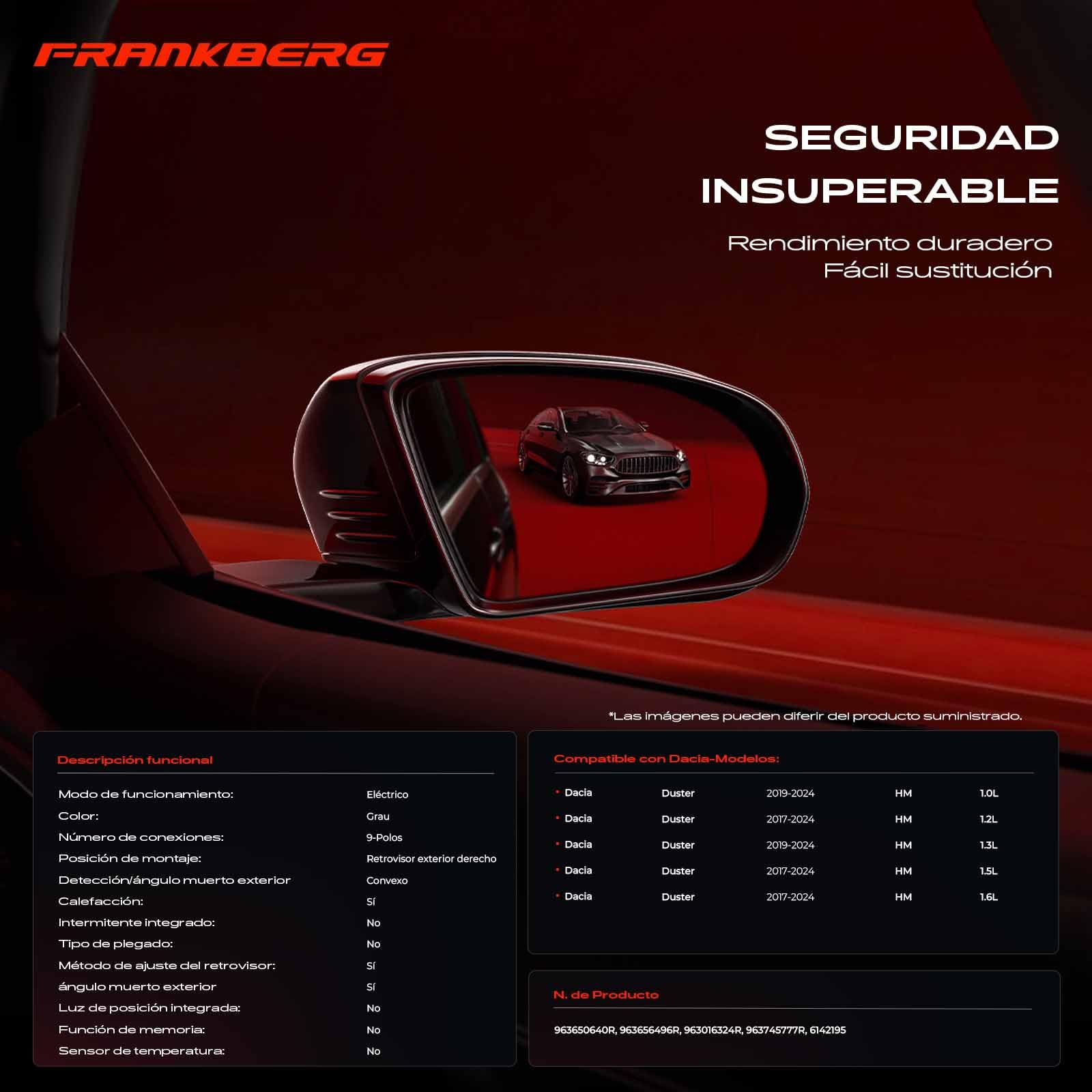 Frankberg Espejo Retrovisor exterior derecho eléctrico 9-Polos &-Plegable eléctricamente Compatible con Duster HM SUV 2017-2024 963016324R