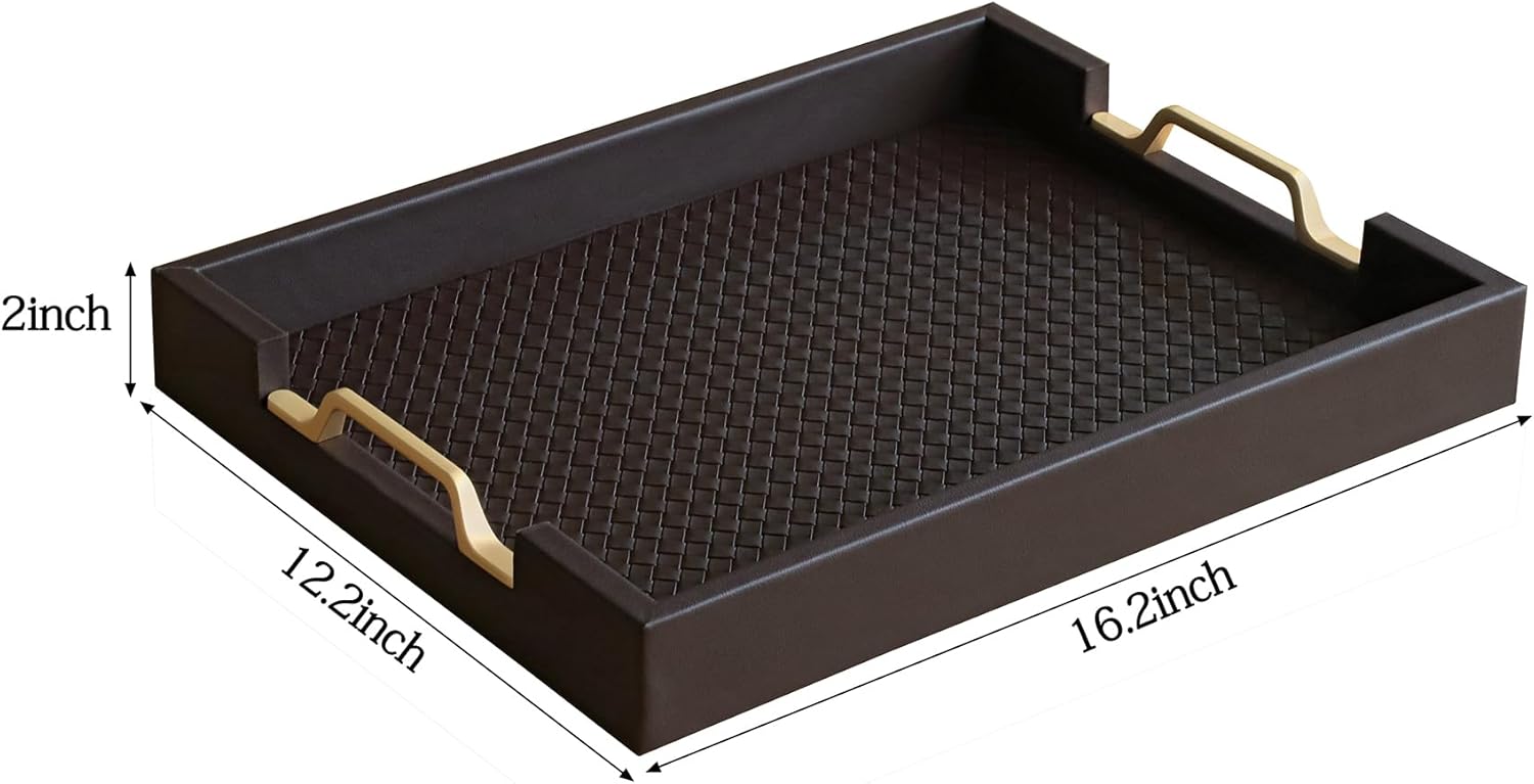 HofferRuffer Faux Leather Rectangle Serving Tray Decor Platter with Gold Metal Handles for Coffee Table, Breakfast, Tea, Food, Countertop, Kitchen, Butler Tray, 16.2 x 12.2 x 2 inches (Coffee) - Image 2