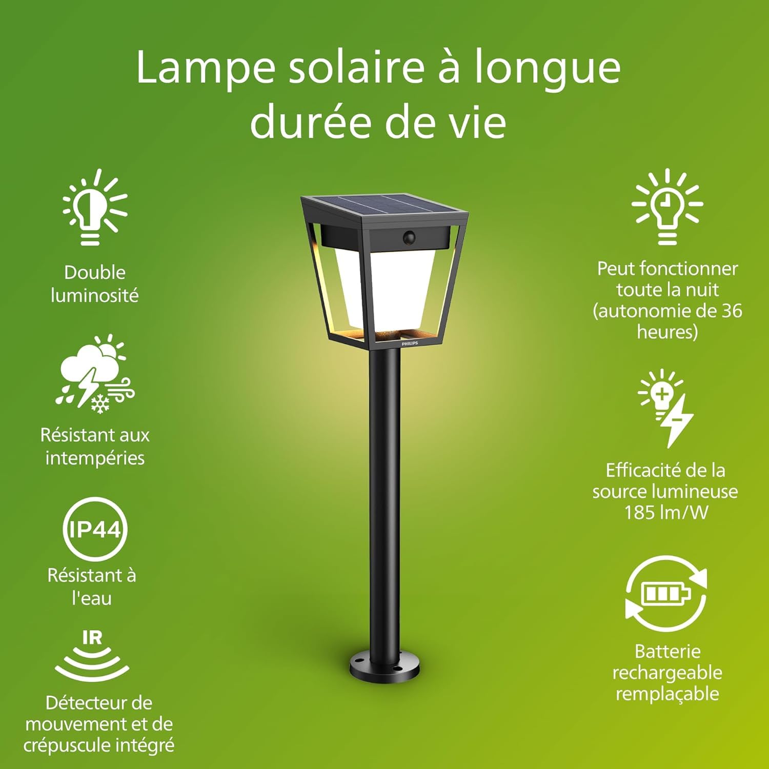 Philips Nissa Borne Extérieure UltraEfficient avec Capteur, 3000 K, 250/25 lm, Noir