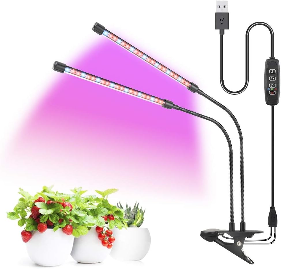 Sun YOBA 40W LED Plant Grow Light with dual heads, flexible goosenecks, and clip base, illuminating plants with purple light.