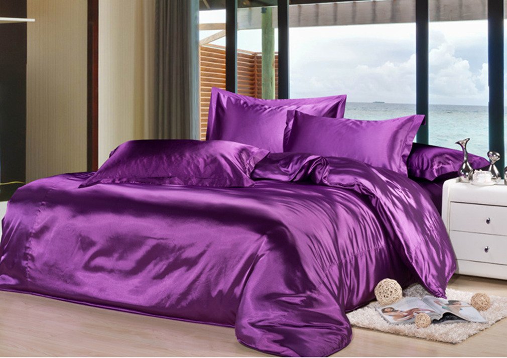 MAXFEEL4pcs 100% Mulberry Silk Bedding Sheet Sets Duvet Cover Pillowcase Sets Solid Dyed Multicolor Multi Size (Full, Violet)
