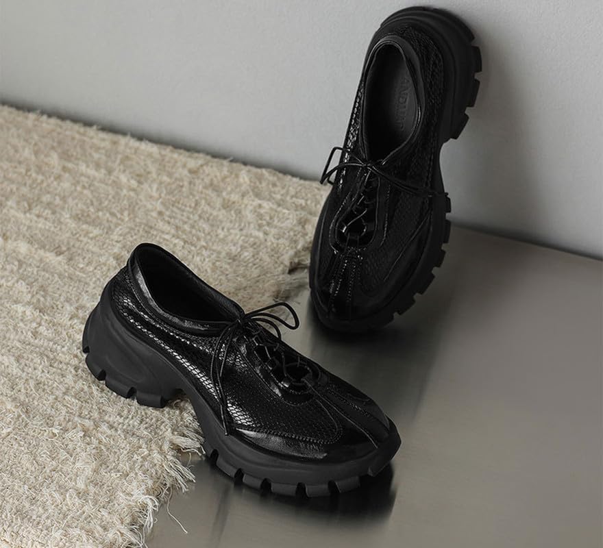 Women’s Chunky Platform Sneakers Mary Jane Shoes Soft Thick Sole Round Toe Hollow-Out Design Fashionable & Comfortable (Black/Silver)2