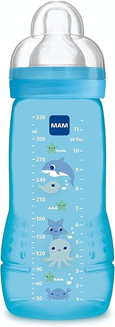 MAM Easy Active 2nd Age Bottle, 330ml - 6+ Months - X-Flow Teat, Ultra-Fast Speed - Blue