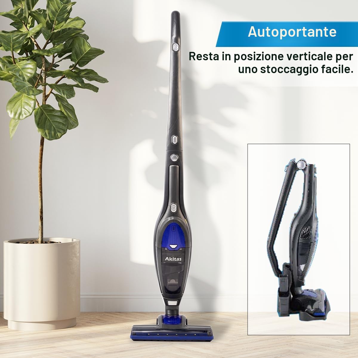 Akitas U10 2in1 Potente Aspirapolvere Senza Fili Scopa Elettrica Verticale a Batteria Leggero 22,2v 150W con Batteria al Litio Ricaricabile per Pavimenti, Tappeti e Peli degli Animali Domestici