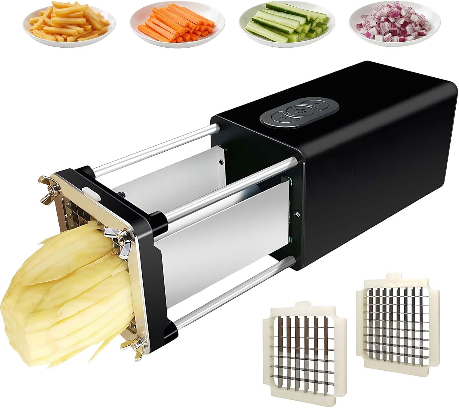 cjc Electric French Fry Cutter, Professional Auto French Fries Cutter with 1/2 & 3/8 Inch Blades, Compact Electric Potato Slicer for Commercial & Home Use, Cuts Vegetables & Fruits Effortlessly/Black