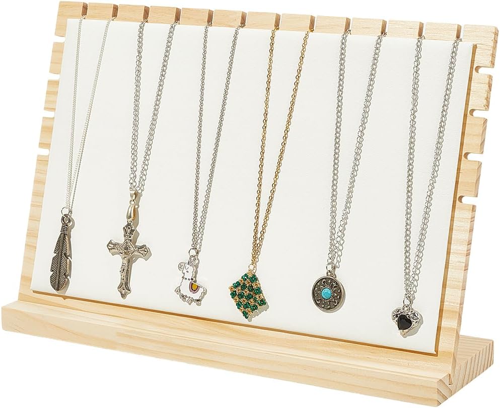 Beebeecraft Bamboo Necklace Display Stand Rectangle White 12x8 Inch Multiple Necklace Display Boards Stand Bracelets Chains Organizer Holder with PU Leather Mat for Selling Home Boutique Countertop