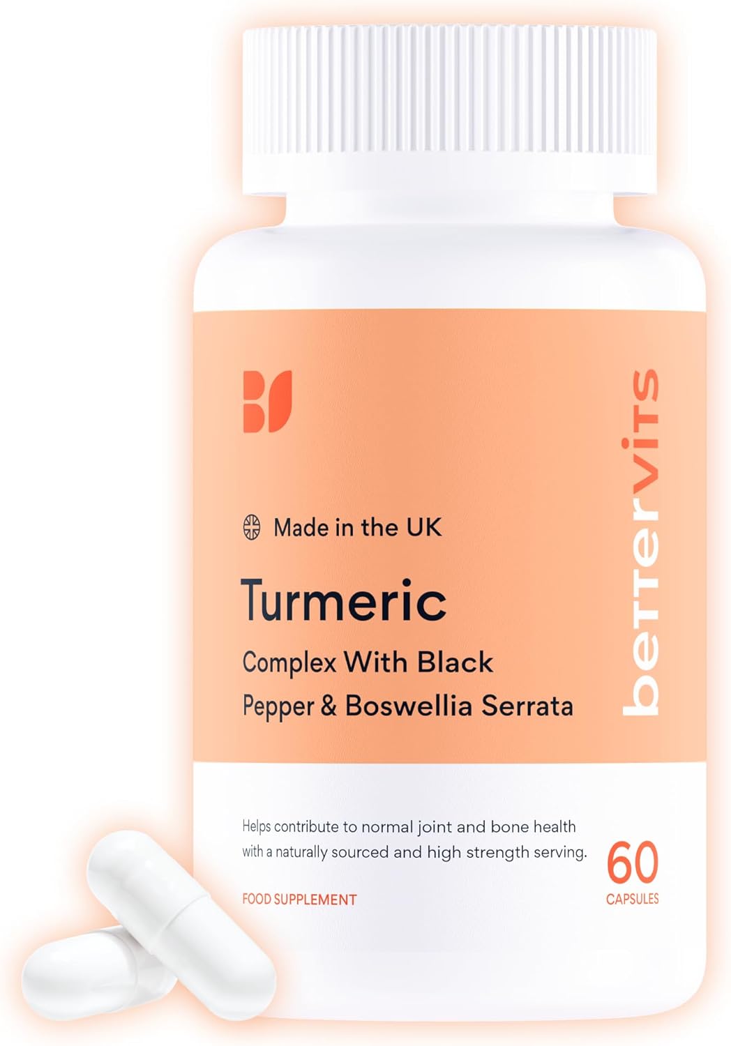 Bettervits Turmeric and Black Pepper Capsules with Boswellia Serrata – 10,000mg Curcumin Supplement | Turmeric Tablets Complex for Joint Support with High Absorption Formula and Vitamin C – 60 Tablets
