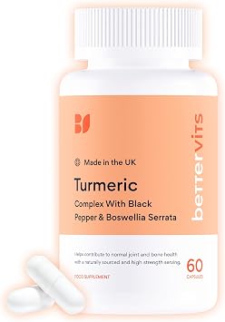 Bettervits Turmeric with Boswellia, Black Pepper and Vitamin C, 60 Capsules | Vitamin C contributes to normal collagen formation, supporting the normal function of cartilage, bones and gums.