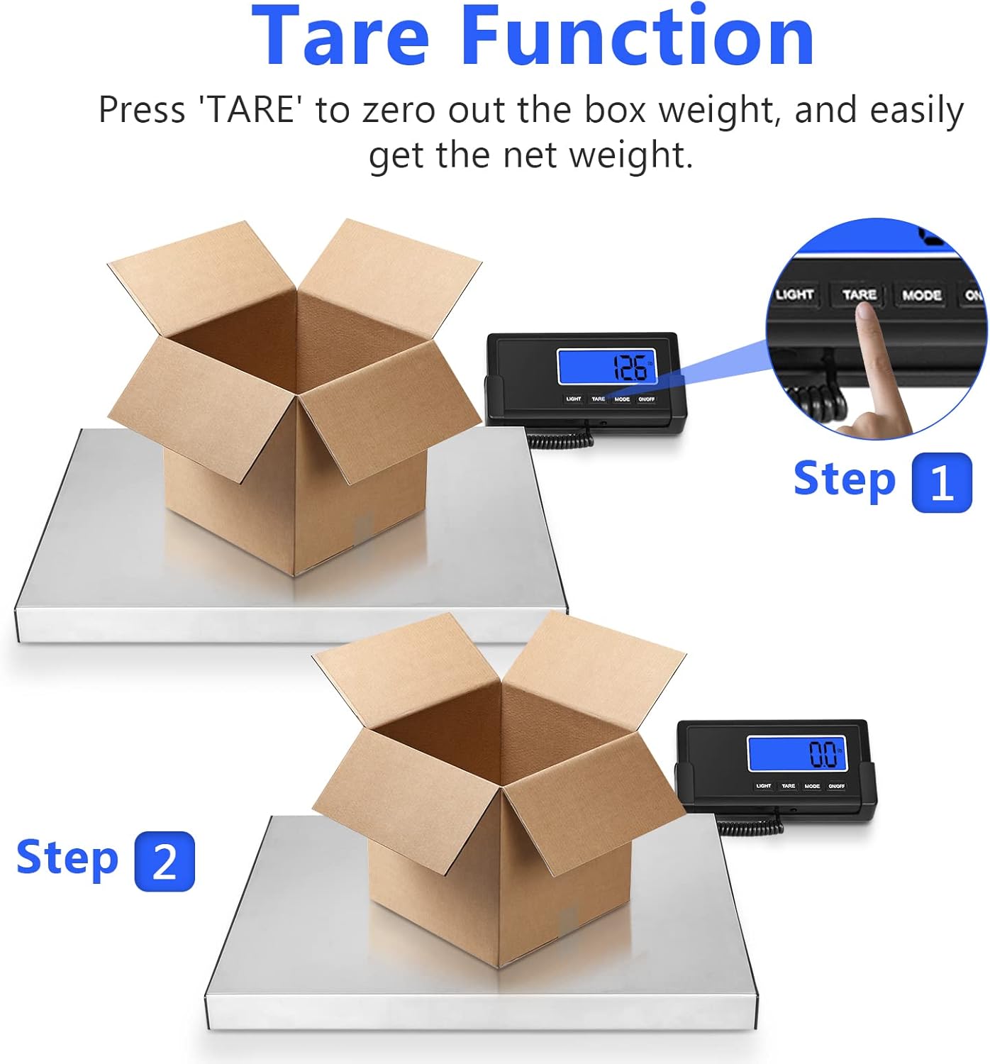Fuzion Digital Shipping Scale demonstrating the Tare function with a box