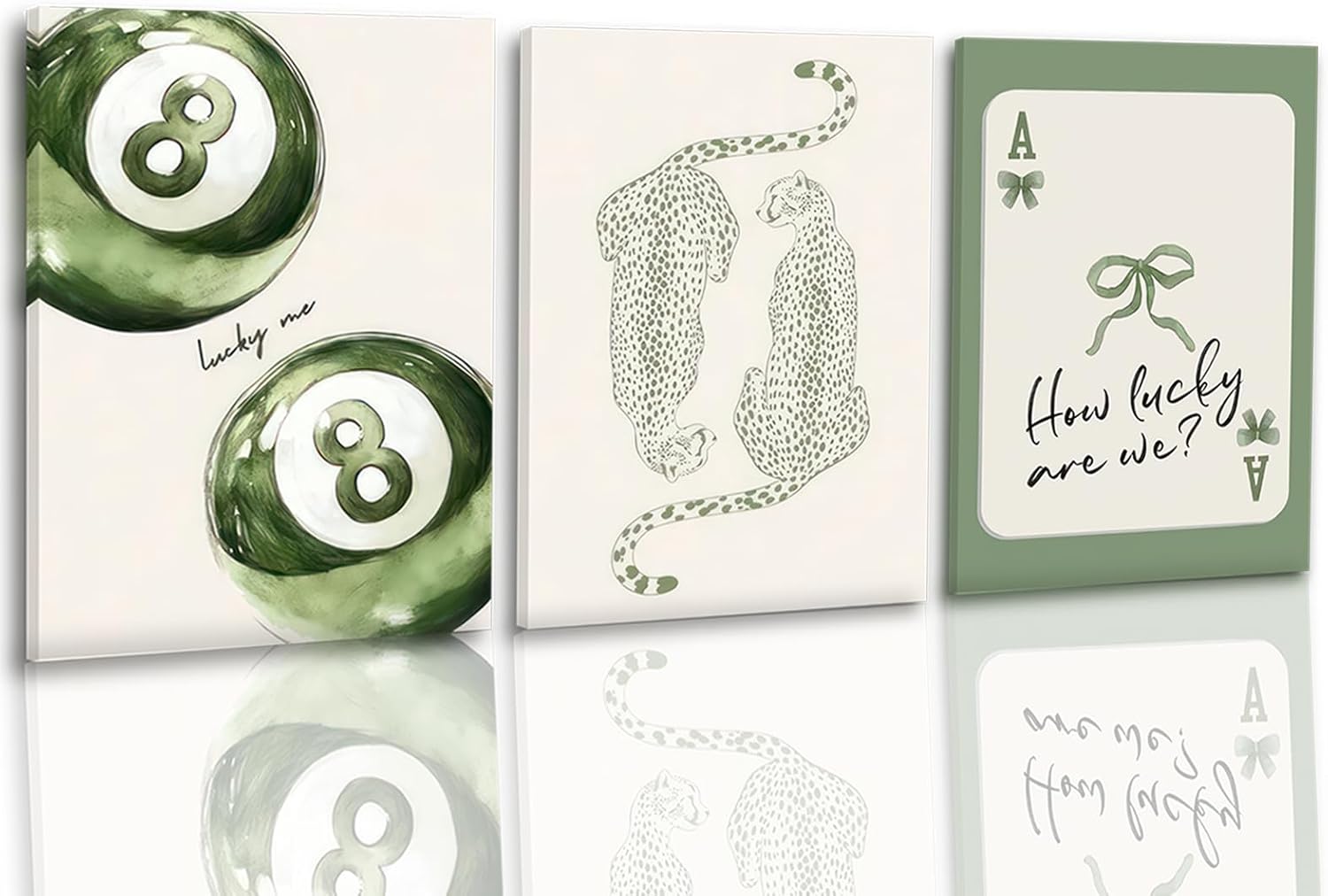 3 Pcs Green Cheetah Canvas Wall Art Leopard 8 Balls Bow Playing Cards Pictures How Lucky Are We Poster Prints Coquette Preppy Girl Room Wall Decor for Bedroom Dorm Living Room Apartment Bathroom16*24In (Stretched Canvas On A Wooden Frame)
