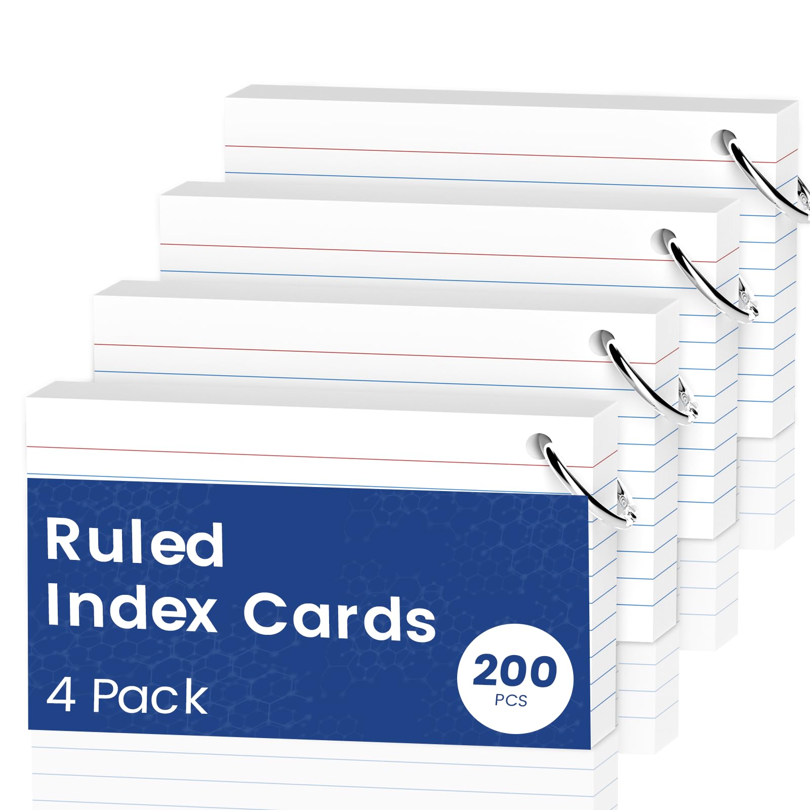 Flash Cards A6（10.2x14CM） Index Cards, 200 PCS Flashcards, Ruled Writing Paper A6, Revision Flash Cards with 4 Metal Binder Ring, Record Recipe Cue Cards White for Taking Notes, Reminders