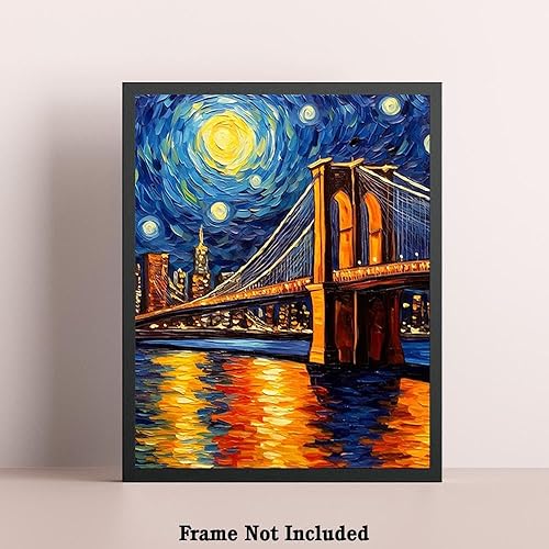 Miniatura 5 de Bestbuddy Pet 8X10 Noche estrellada sin marco Puente de Brooklyn Monumento de Nueva York Famosa Arquitectura Tour Mundial Pintura al óleo Familiar