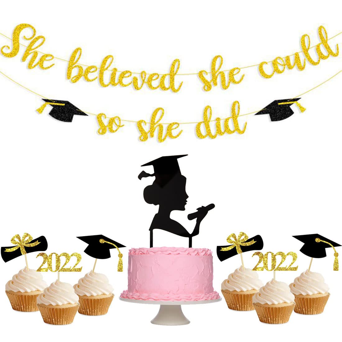 2022 Graduation Banner Gold She Believed She Could So She Did Banner Girl Graduation Cake Topper and Cupcake Picks for Grad Graduate Home Classroom Decorations