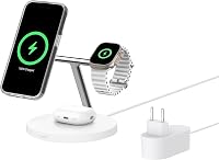 Stație de încărcare Belkin BoostCharge Pro 3 în 1 Qi2, compatibilă MagSafe, pentru iPhone 17/16/Air, Apple Watch, AirPods, cu alimentator 1