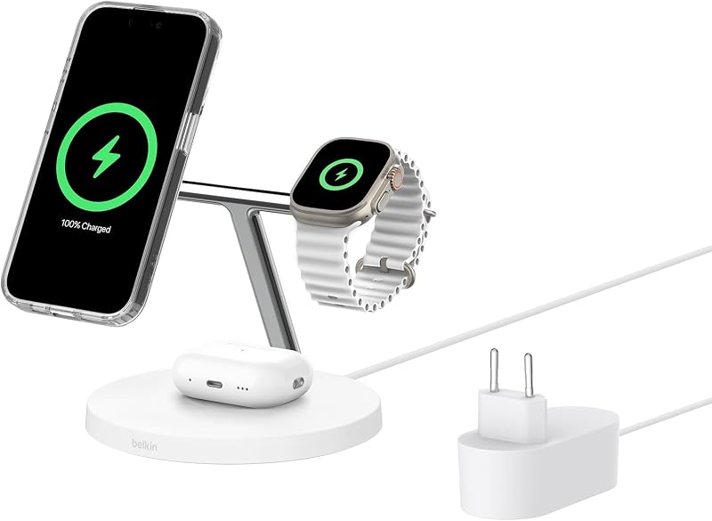 Stație de încărcare Belkin BoostCharge Pro 3 în 1 Qi2, compatibilă MagSafe, pentru iPhone 17/16/Air, Apple Watch, AirPods, cu alimentator