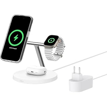 Belkin BoostCharge Pro 3 in 1 Qi2 Wireless Charger MagSafe Compatible Charger Inductive Charging Station for Apple iPhone 17 Air 16 Pixelsnap Apple Watch AirPods with Power Supply - White