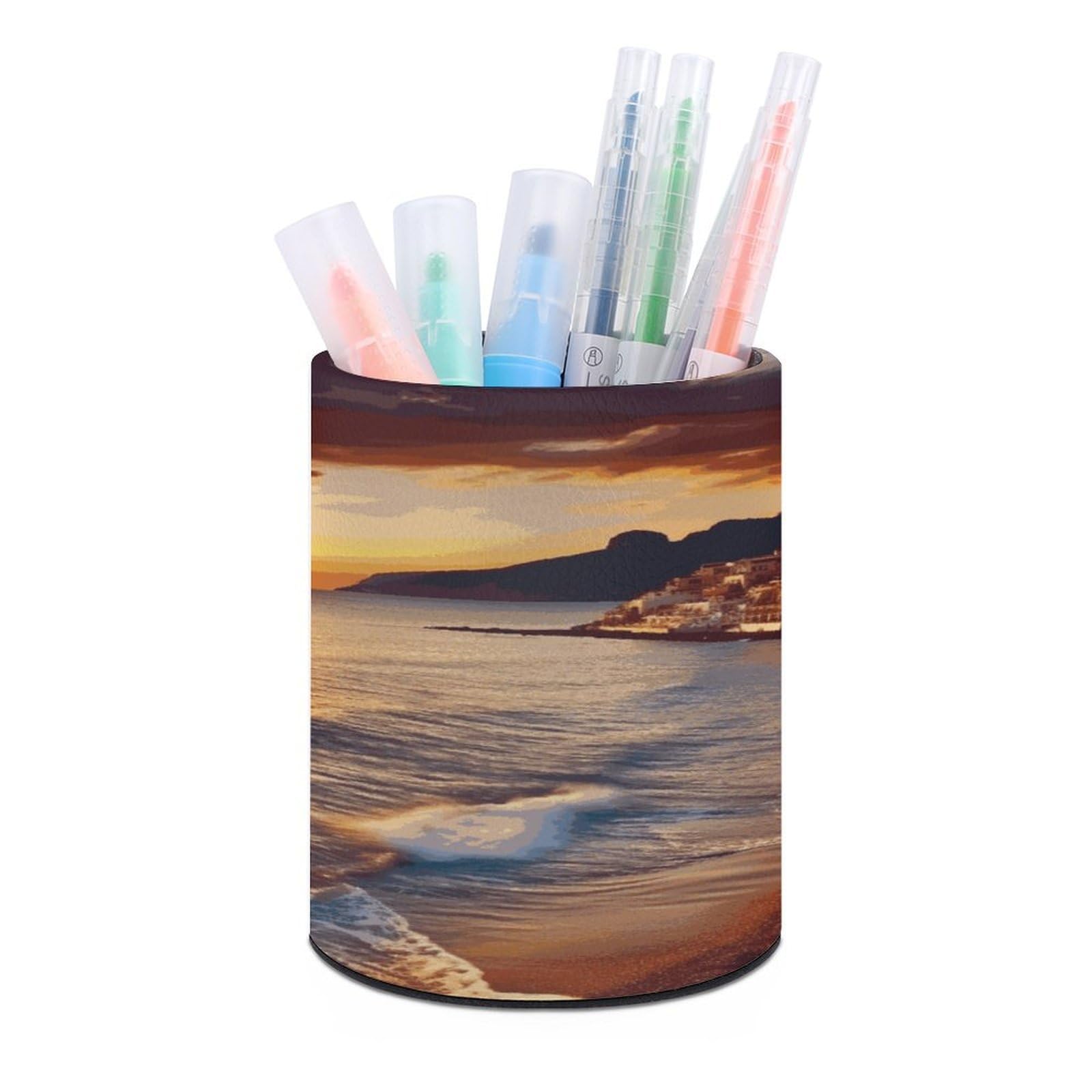 LDGSUPH Seaside Sunset Round Pen Holder Leather Pen Cup Pencil Cup Pen Organizer Pencil Holder for Desk Organizer Pencil Organizers Makeup Brush Holders for Home Office Gift