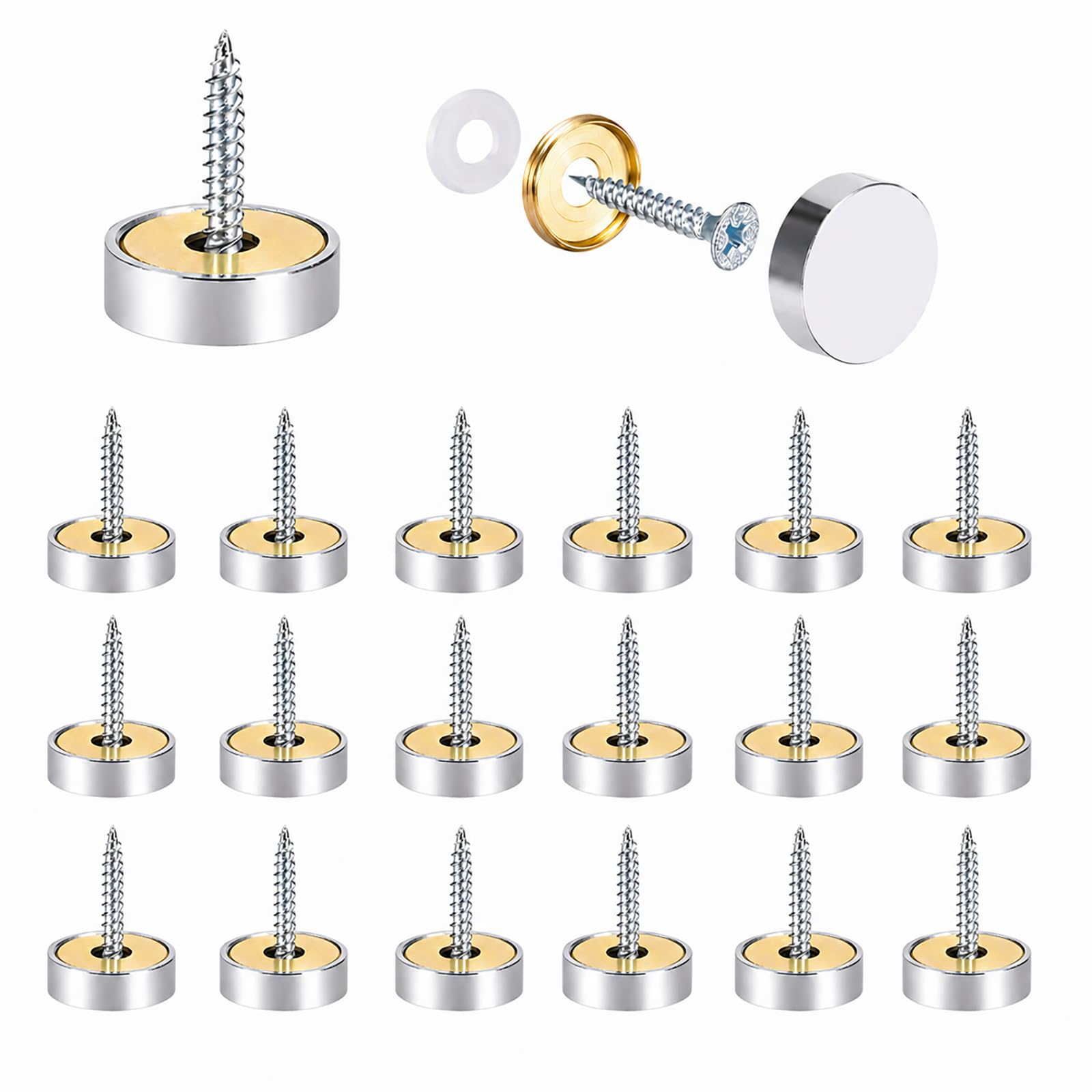 FortWeal Mirror Screws with Chrome Caps, 30mm 20pcs, Brushed 304 Stainless Steel Decorative Nails with Brass Washers, Shower Hardware Fasteners for Sign Advertising Display Boards and Wall Panels