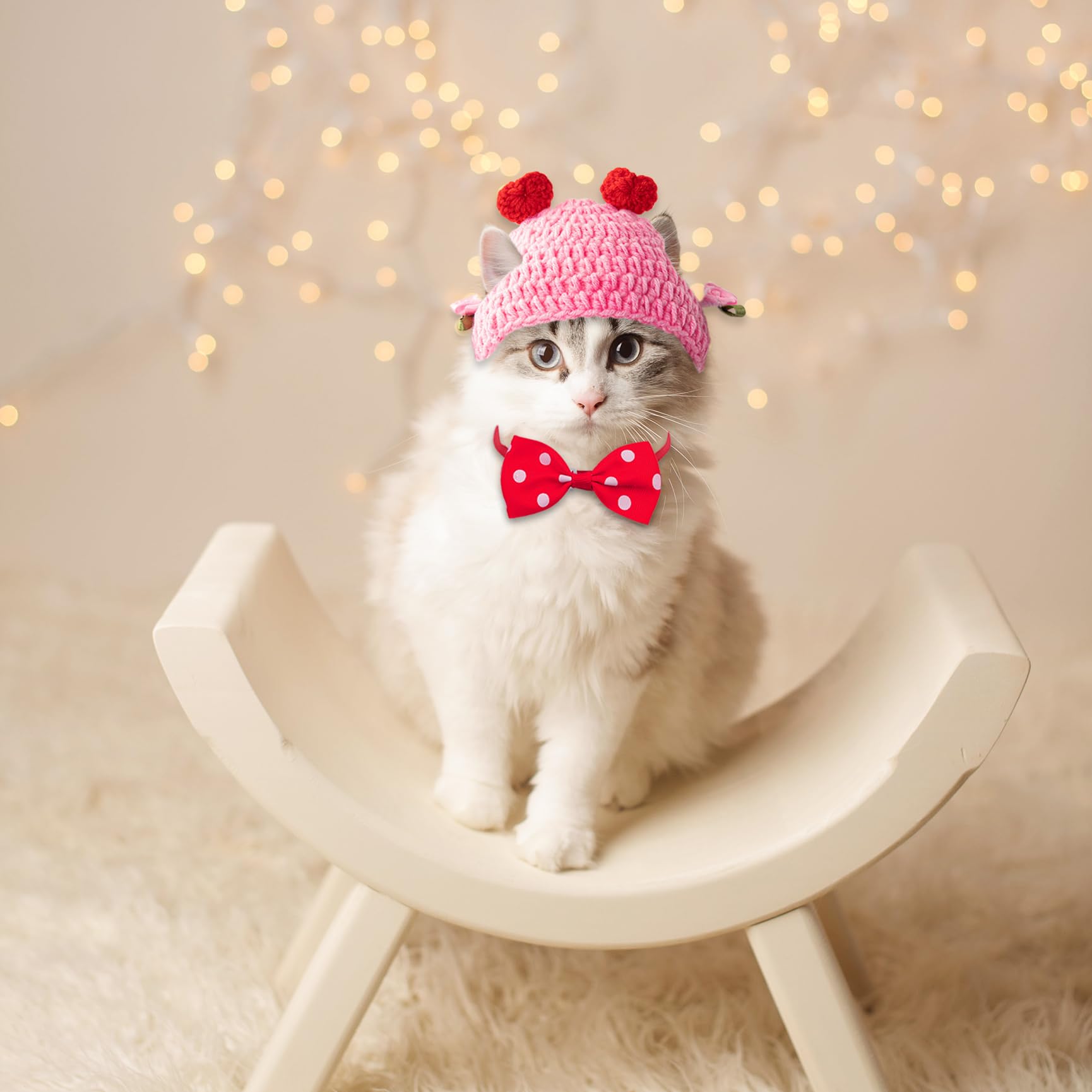 Dog Bow Tie & Dog Hat for Small Dog Valentine's Day Dog Outfit Adjustable Pet Bow Tie Knitting Pet Hat Dog Cat Costume Accessories for Small Medium Pets - Image 3