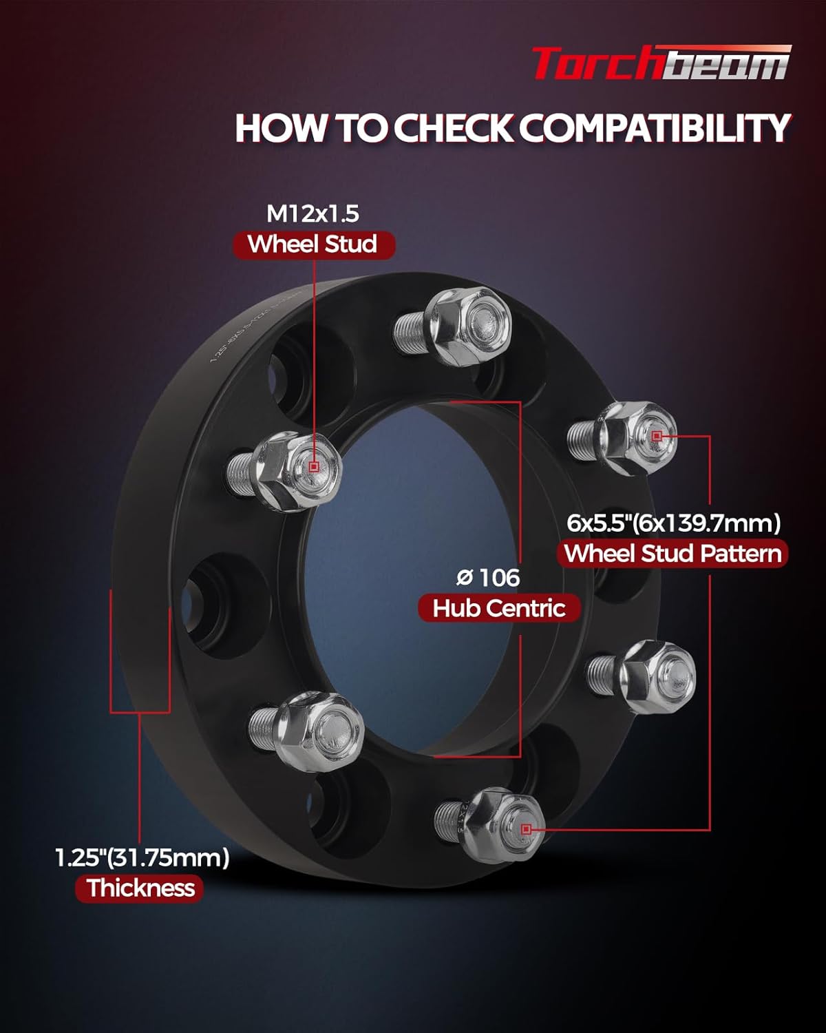 Torchbeam 6x5.5 1.25 inch Wheel Spacers for Tacoma, 4Runner, FJ Cruiser, Tundra, GX460, Sequoia, GX470, T100, Pickup, Land Cruiser, LX450, 106mm Center Bore & M12x1.5 Studs