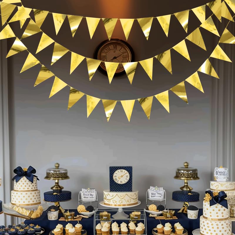 Image of Gold Hanging Triangle Flag Pennant Garland Gold Hanging Paper Pennant Streamer Paper Triangle Flag Bunting Banner for Graduation Wedding Engagement Birthday Party Decorations 30 Feet