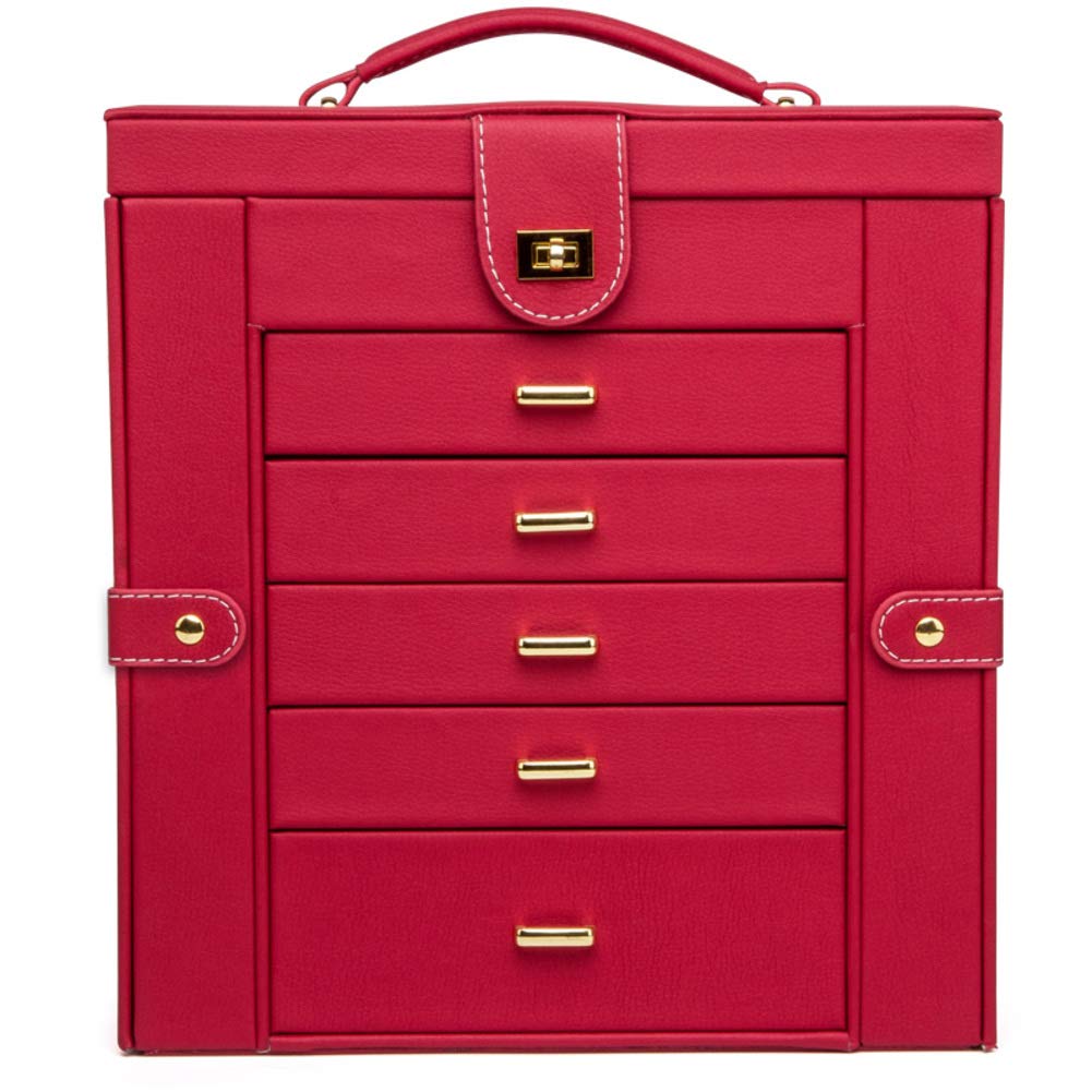 HM&DX Leder Schmuckkästchen Spiegel, Große Kapazität Aufbewahrungsbox Für Schmuck Mit Griff Schubladen Funktionale Schmuckschatulle Für Mädchen Damen-rot