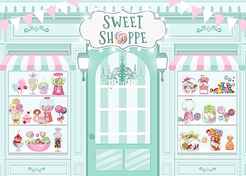 Miniatura 4 de Mocsicka Sweet Shoppe - Telón de fondo de 7 x 5 pies para decoración de fiesta de cumpleaños de niña, decoración de mesa de pastel de helado,