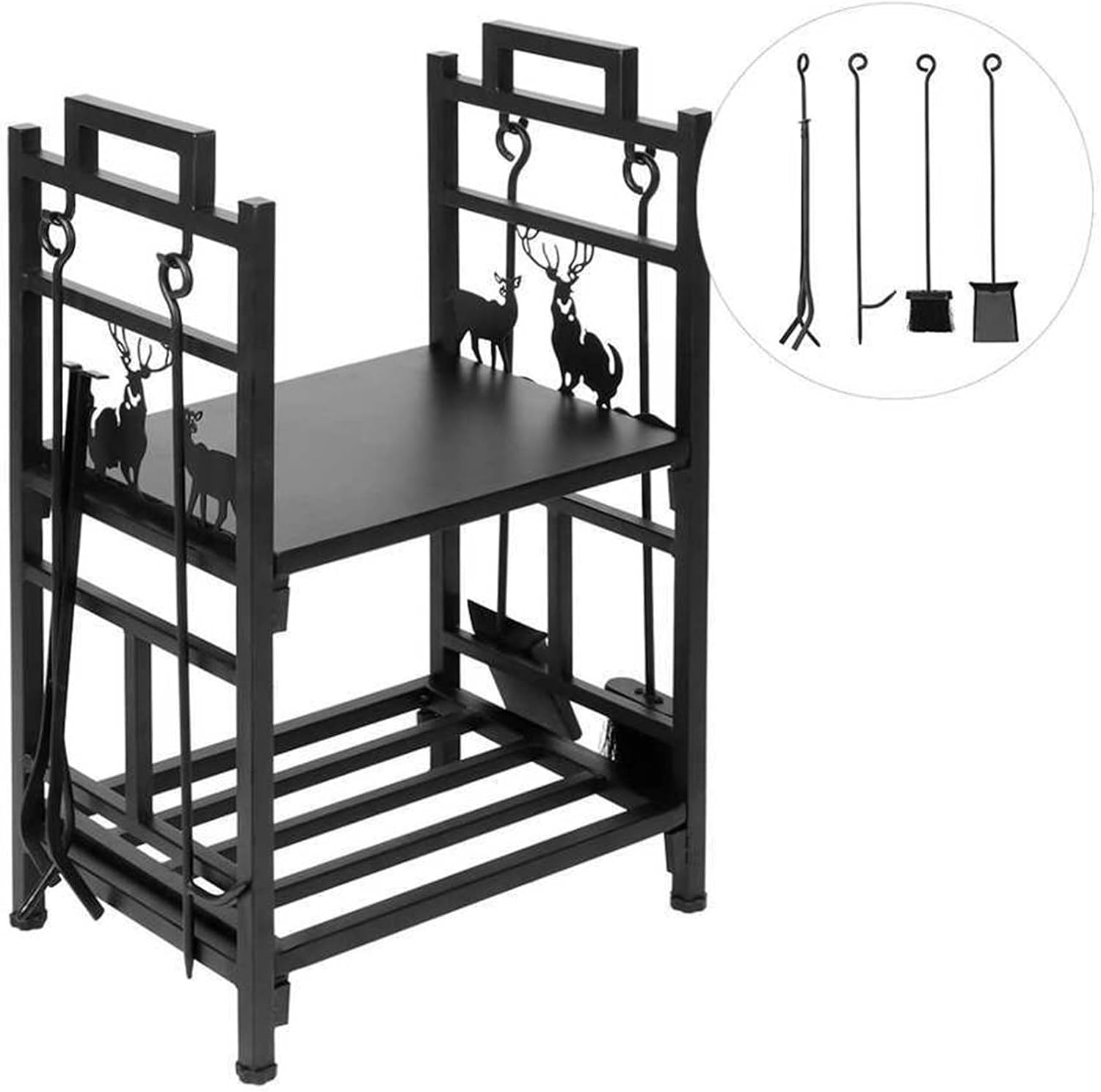 Large-Capacity Double-Layer Firewood Storage Iron Rack Shelf Organiser Fireplace Wood Stand for Fire Wood Organizers and Storage Stacking Firewood Storage (Colour: Black)