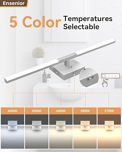 Miniatura 4 de Ensenior Lámpara de tocador moderna de 24 pulgadas, atenuador incorporado, 14 W regulable 5CCT LED sobre el espejo, luces de tocador gris mate