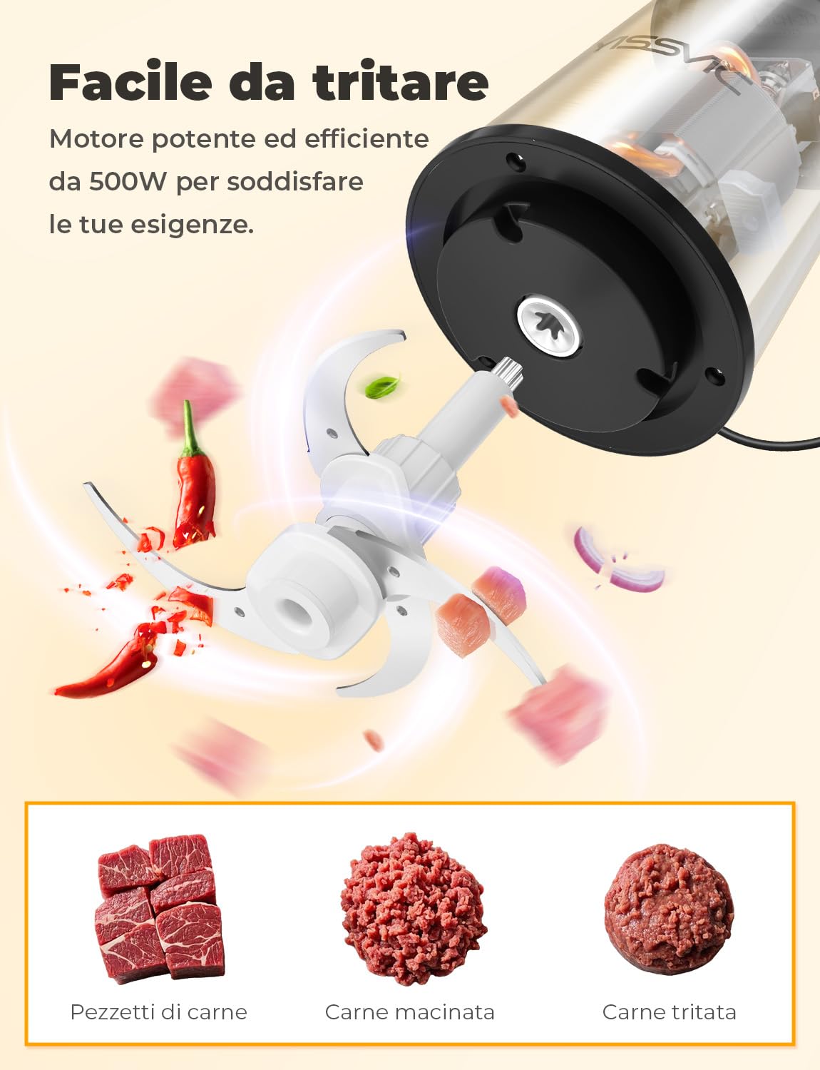 YISSVIC Tritatutto da Cucina Elettrico 2L, 500W, 2 Velocità, 2×4 Lame, Ciotola in Acciaio Inox, Anello Antiscivolo, Lavabile in Lavastoviglie, per Frutta Verdura Carne Spezie