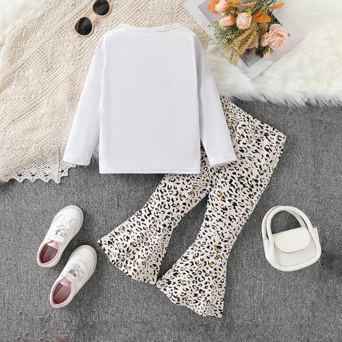 Image of Toddler Girl Clothes Long Sleeve Cartoon & Letter Graphic Top + Fruit Stationery Print Flared Leg Pants