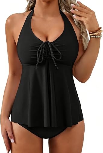 Jolefille Womens Tankini Swimsuits Halter Bathing Suit Tummy Control Modest
