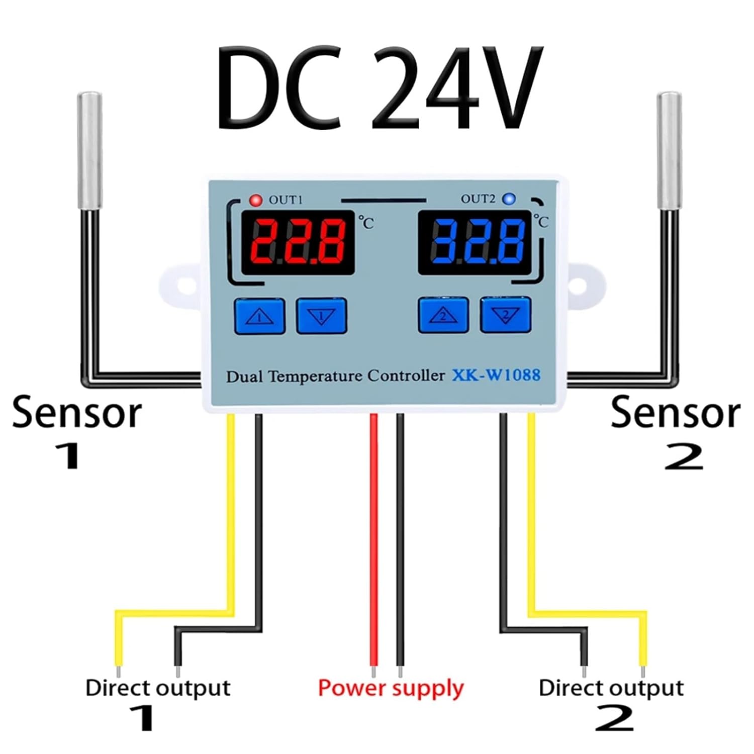 W1088 Dual LED Digital Temperature Sensor Meter Controller Electric Heating Thermostat 220V Aquarium Incubator Thermoregulator(DC24)