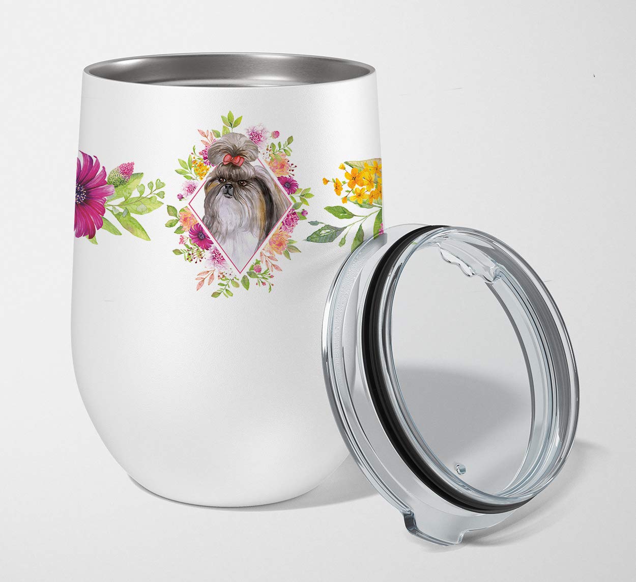 Caroline's Treasures CK4184TBL12 Shih Tzu Pink Flowers Weinglas Stiellos Reise-Isoliertes Trinkglas, 340 ml, mehrfarbig