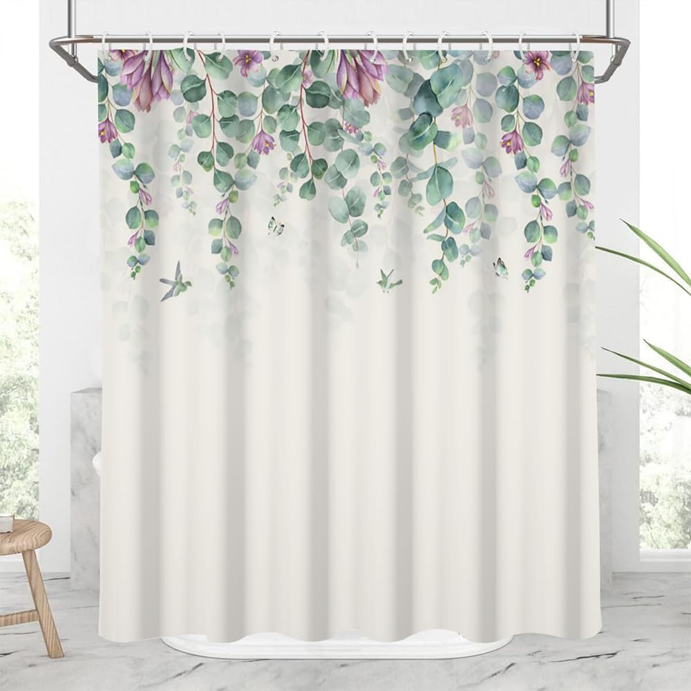 DORCEV 60x72inch Spring Floral Plants Shower Curtain - Green Eucalyptus Leaves Watercolor Rustic Flowers Botanical Plants Bird Bathroom Curtain with