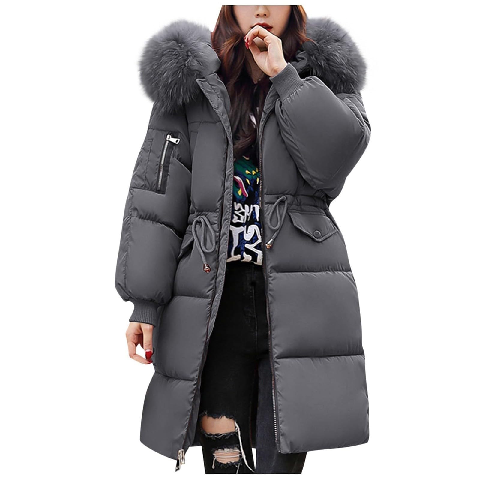 Generisch Wintermantel Damen Lang: Winterjacke Mit Schrägem Reißverschluss Mit Kapuze Kapuzenmantel Fleece Outdoorjacke Winddicht Parka Flauschmantel