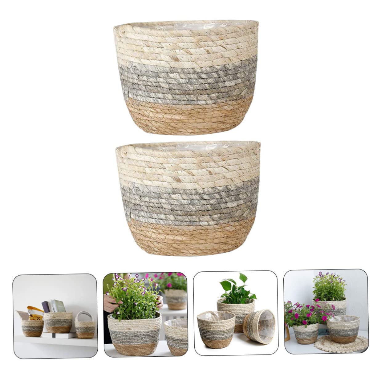 BESPORTBLE Lot De 2 Paniers en Rotin pour Plantes Paniers À Fleurs Tissés Paniers en Paille Jonc De Mer Faciles À Nettoyer pour La Décoration De Jardin