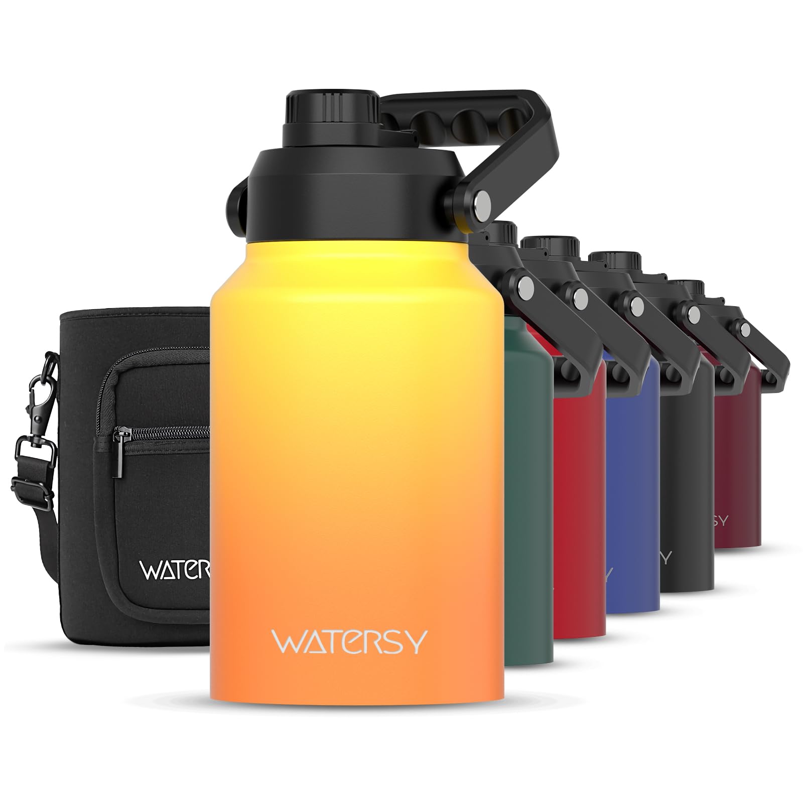WATERSY Half Gallon Water Bottle Insulated(Cold for 48 Hrs),BPA Free&amp;Leak Proof,64oz Stainless Steel Water Jug/Flask,Big thermo,Large Water Bottle with Handle for Gym,Hiking,Camping,Gradual Yellow