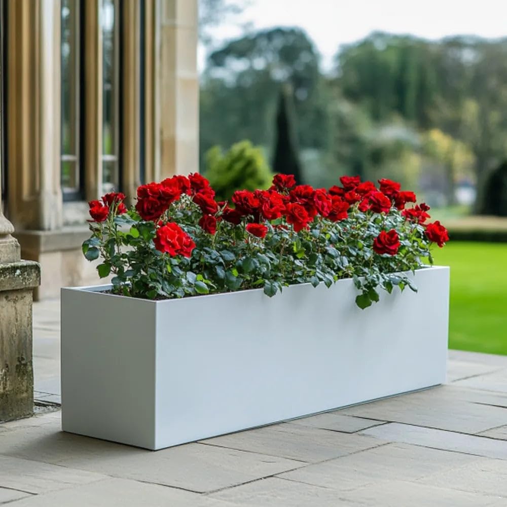 Tulipy Zinc Galvanised Trough Planter with Liner | No Assembly Needed | Lightweight (Matte White, L100cm x W40cm x H40cm)