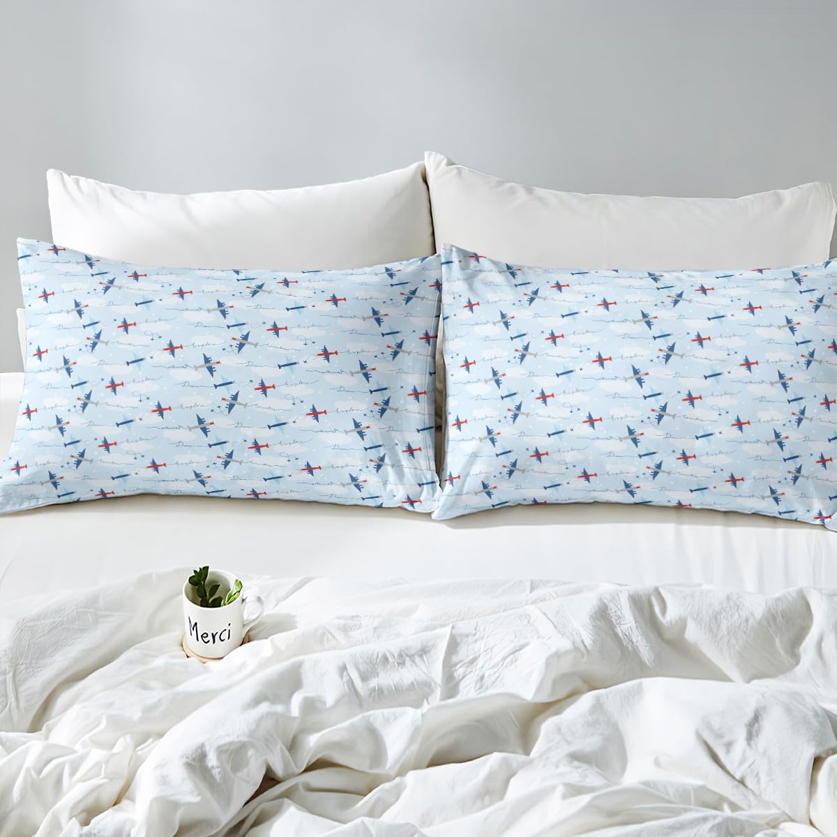 Feelyou Cartoon Flight Bedding Set Queen Size Kids Airplane Comforter Set for Aircraft Print Comforter Travel Decor Blue Red Duvet Set Bedroom Boys